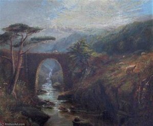 Scottish Landscape With Figure On A Stone Bridge — Alfred I Glendening