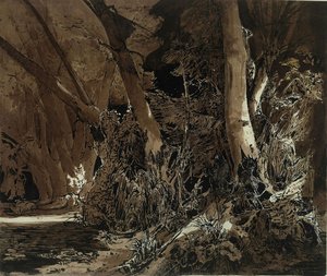Forest Landscape With Flowing Water And Two Hunters — Carl Blechen