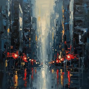 Monolithische Mitternacht: Ein Fragmentierter Urbaner Canyon In Gold Und Karmesinrotem Impasto