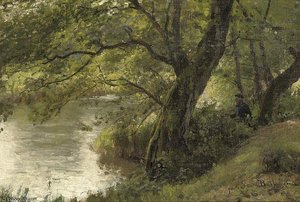 Fishing Near A Woodland Stream — Julius Jacobus Van De Sande Bakhuyzen