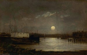 Untitled (moon Over A Harbor, Wharf Scene With Full Moon And Masts Of Boats) — Edward Mitchell Bannister