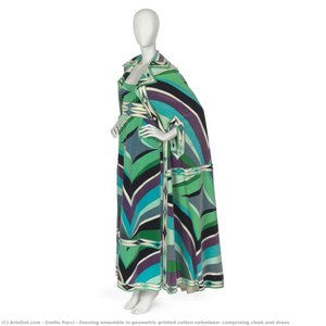 Evening Ensemble In Geometric Printed Cotton Velveteen, Comprising Cloak And Dress — Emilio Pucci