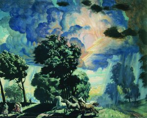 Horses In The Storm — Boris Mikhailovich Kustodiev