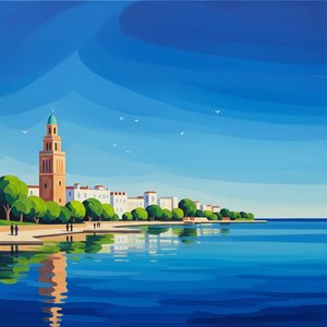 Azurblaue Gelassenheit: Ein Monolithischer Turm Inmitten Des Stillen Blauen Horizonts — Marion Delorme