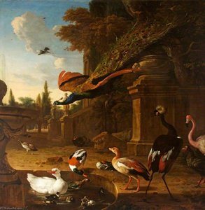 Ornamental Fowl In And Beside A Pond In A Park, With A Peacock In Flight — Melchior De Hondecoetter