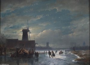 Winter Landscape With 'koek En Zopie' At Night — Andreas Schelfhout