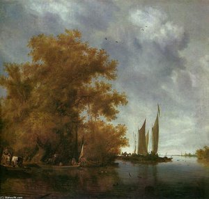 River Landscape With Boats — Salomon Van Ruysdael