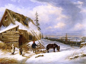 Log Cabin, Winter Scene, Lake St. Charles — Cornelius David Krieghoff