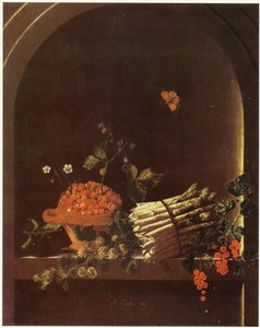English Still Life With Asparagus, A Spray Of Gooseberries, A Bowl Of Strawberries And Other Fruit In A Niche — After Adriaen Coorte