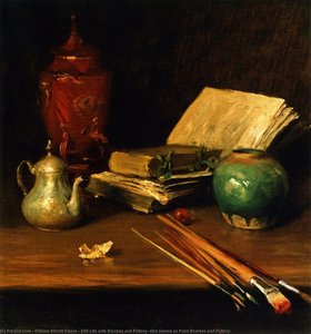 Still Life With Brushes And Pottery (also Known As Paint Brushes And Pottery) — William Merritt Chase