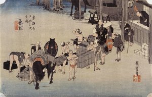 Fujieda - Changing Porters And Horses — Utagawa Hiroshige, Andō Tokutarō, Ichiyusai, Utashige, Ichiyōsai
