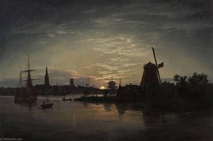 Swinoujscie In The Moonlight — Johan Christian Claussen Dahl