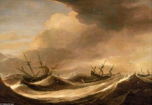 Ships In A Heavy Sea Running Before A Storm — Pieter The Elder Mulier