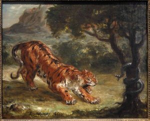 Tiger Growling At A Snake — Eugène Delacroix