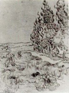 Ciprestes Com Quatro Pessoas Trabalhando No Campo — Vincent Willem Van Gogh