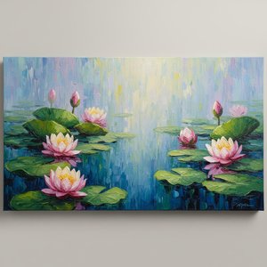 Radianza Eterea Di Ninfee Fluttuanti In Un Paesaggio Onirico Meditativo Blu E Oro