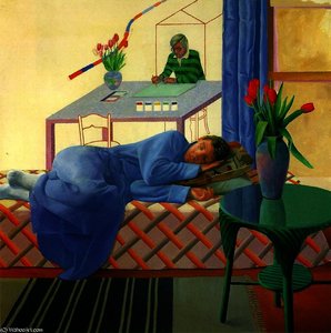 Model With Unfinished Self-portrait — David Hockney