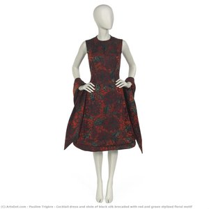 Cocktail Dress And Stole Of Black Silk Brocaded With Red And Green Stylized Floral Motif — Pauline Trigère