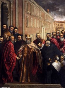 Pasquale Cicogna In Dogal Robes Visiting The Church And Hospital Of The Crociferi — Jacopo Palma Il Giovane