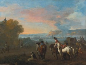 Landscape With Two Horsemen Duelling, Figures And A Town Beyond — Jan Van Huchtenburg