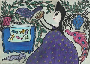 Femme Aux Deux Paons Avec Aquarium — Fatima Haddad