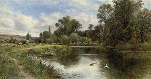 Ducks On A Pond, A Cottage Beyond — Alfred I Glendening