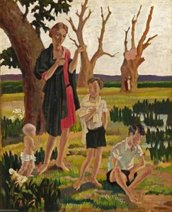 A Mother And Three Children In A Landscape — Harold Harvey