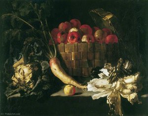 Still Life With Apples In A Wicker Basket, With A Cabbage, Parsnip, Lettuce And An Apple On A Stone Ledge — Giuseppe Recco