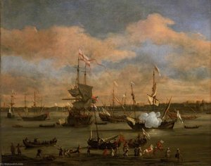 An English Merchant Ship In A Mediterranean Harbour In A Light Breeze With Other Vessels — Willem Van De Velde The Younger