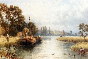 Loading The Hay Barges, With A Young Woman Taking Water From The River In The Foreground — Myles Birket Foster