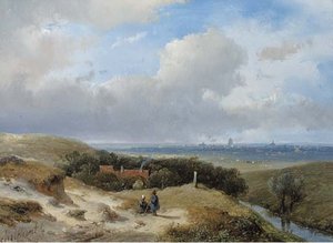 A Panoramic Summer Landscape With Travellers Resting In The Dunes — Andreas Schelfhout