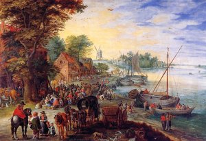 Fish Market On The Banks Of The River — Jan Brueghel The Elder