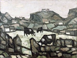 Fresians Auf Einem Feld Mit Der Küste Im Hintergrund — John Kyffin Williams