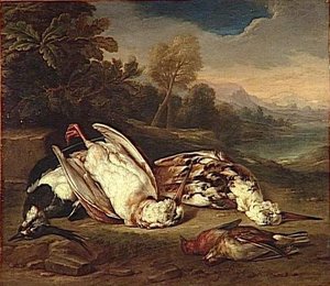 Gibier Mort Dans Un Paysage Deux Becasses Blanches Et Trois Autres Oiseaux — Rysbrack Geerard