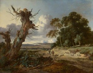 Landscape With Two Dead Trees, Two Sportsmen With Dogs On A Sandy Road — Jan Jansz Wijnants