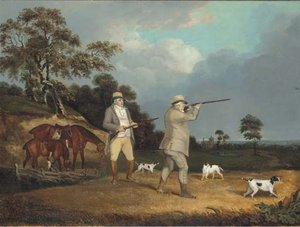 Gentleman Shooting Partridge, With Pointers In A Landscape — Abraham Cooper