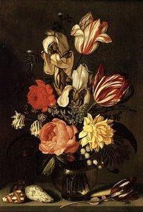 Mixed Flowers On A Ledge With Shells And A Fly — Ambrosius Brueghel