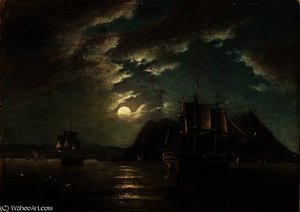 The Minden 74 Off Gibraltar In Moonlight — John Wilson Carmichael