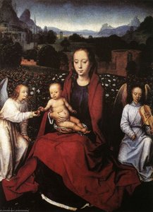 Virgin And Child In A Rose Garden With Two Angels — Memling, Hans