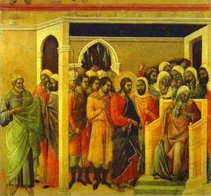 Maestà (achterkant, Centraal Paneel), Jezus Voor Kajafas — Duccio Di Buoninsegna