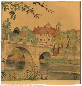 River, Town, And Arched Bridge — Lucie Ritter Marcus