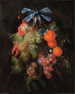 A Festoon Of Grapes, A Peach, Oranges, Cherries, Red Peppers, Etc — Cornelis Jansz De Heem