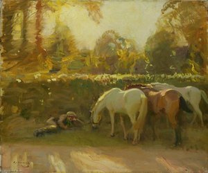 Gypsy Horses Grazing By A Roadside With A Boy Asleep On A Verge — Sir Alfred James Munnings