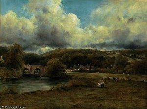 A Wooded River Landscape With A Hamlet By A Bridge — Frederick Waters (william) Watts