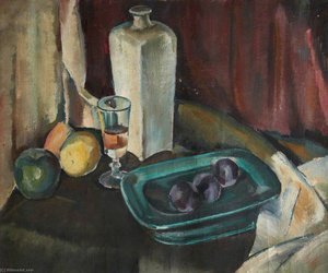 Still Life With Glass Bottle And Plums — Sir William George Gillies