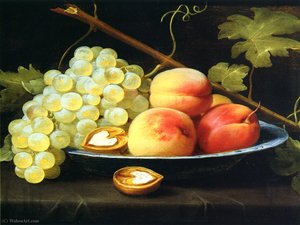 Still Life With Peaches, Grapes And Nuts On An Entablature — Jacob Foppens Van Es