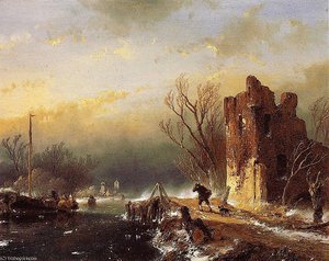 Traveller Country Road In Winter Sun — Andreas Schelfhout