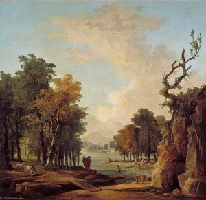Paisaje Fluvial Boscoso Con Un Viajero, Un Perro Que Ladra, Un Jinete Y Mujeres Lavando En Un Islote — Hubert Robert
