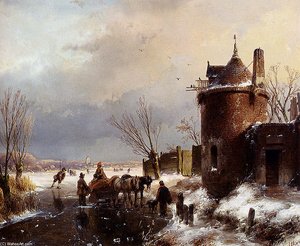Figures With A Horse Sledge On The Ice A Town In The Distance — Andreas Schelfhout