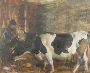 Une Vache Et Un Personnage Dans Une Écurie — Sir Alfred James Munnings